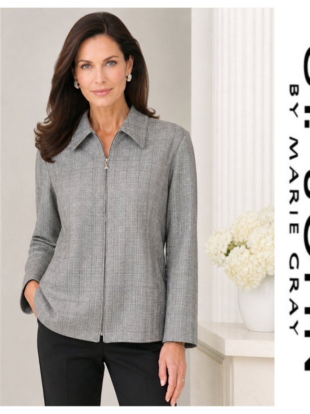 VTG St. John Sport by Marie Gray Black White Houndstooth Plaid Zip Jacket Large